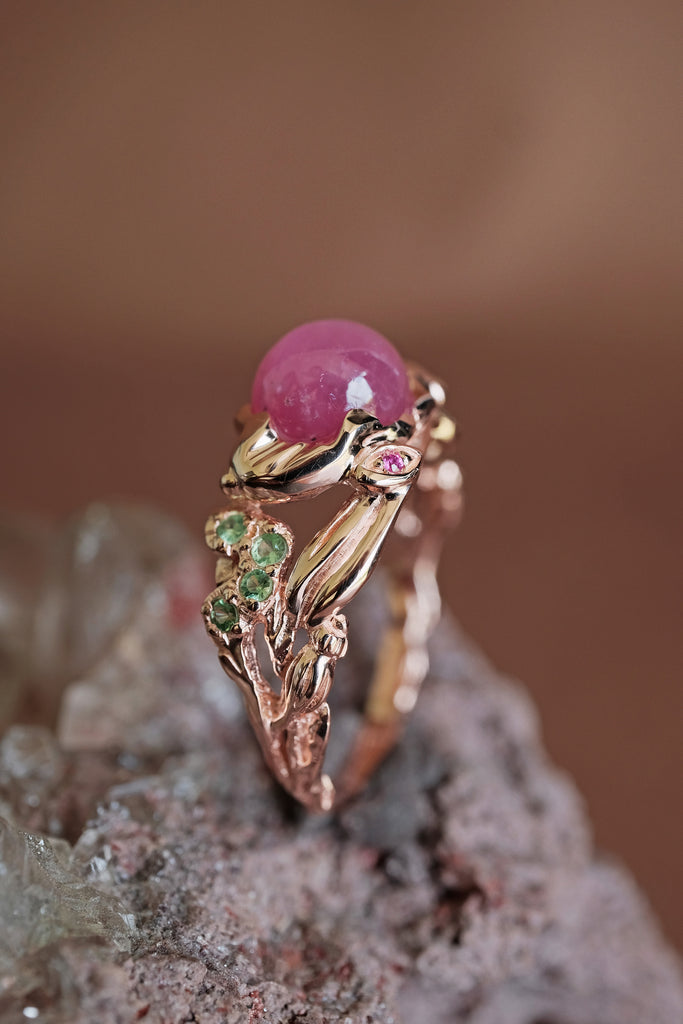 Women’s 14K rose gold animal ring with twin lunar hares and pink star ruby