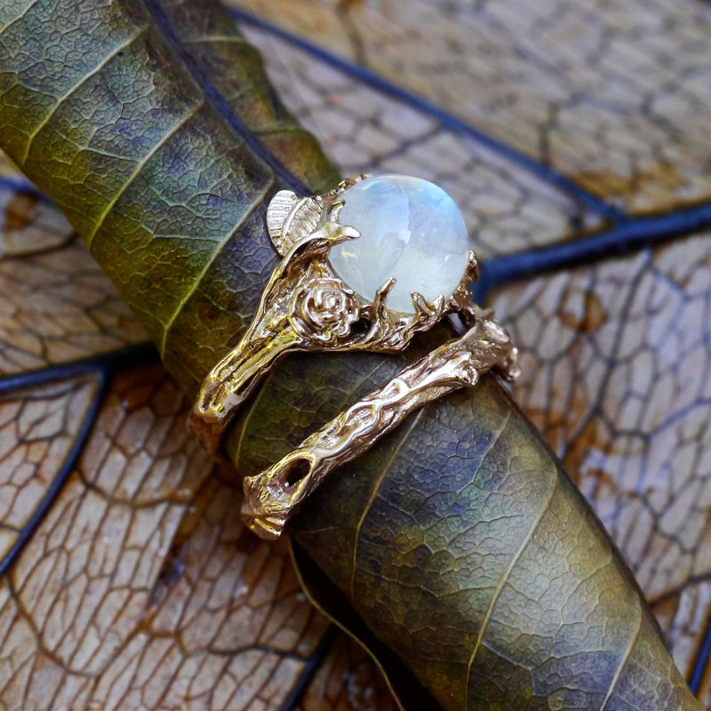 Rose Gold Rainbow Moonstone Engagement Ring Set of 2 "Cleo+Mio" - blacktreelab