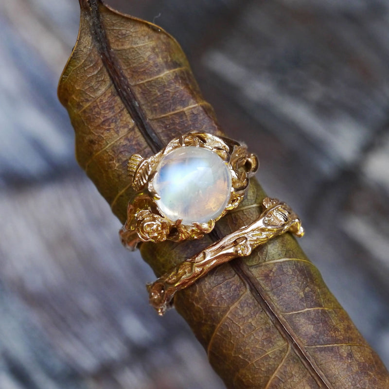 Rose Gold Rainbow Moonstone Engagement Ring Set of 2 "Cleo+Mio" - blacktreelab
