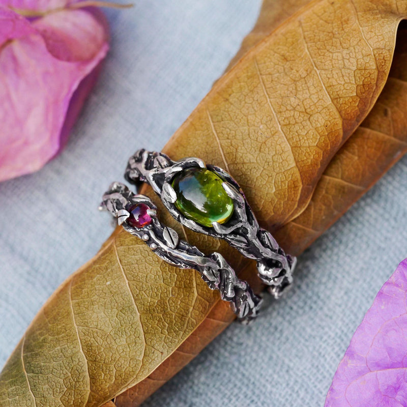 Set of 2 Vita + band Engagement Ring Set with Tourmaline and Chrysolite - blacktreelab