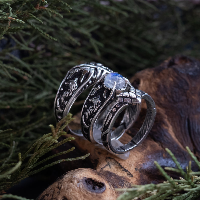 Silver wedding Moonstone rings for him and for her "Wolves"