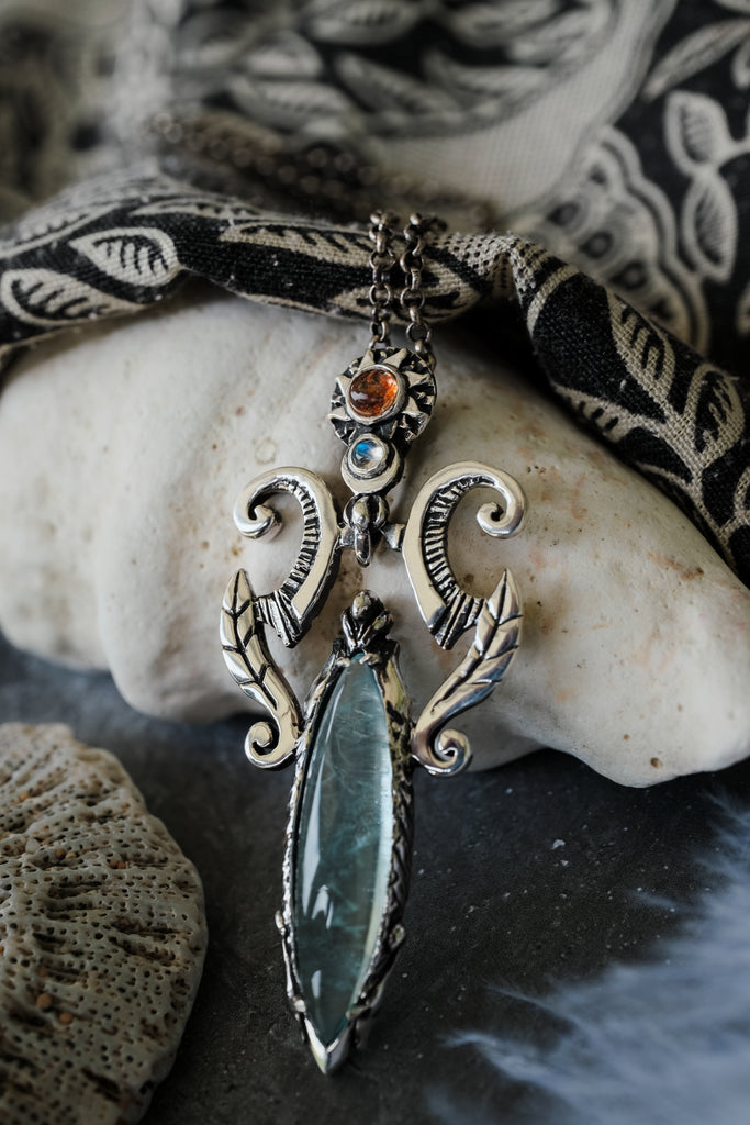 Aquamarine Necklace with Sun and Moon "Elaya"