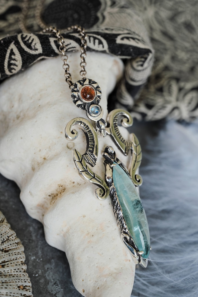 Aquamarine Necklace with Sun and Moon "Elaya"