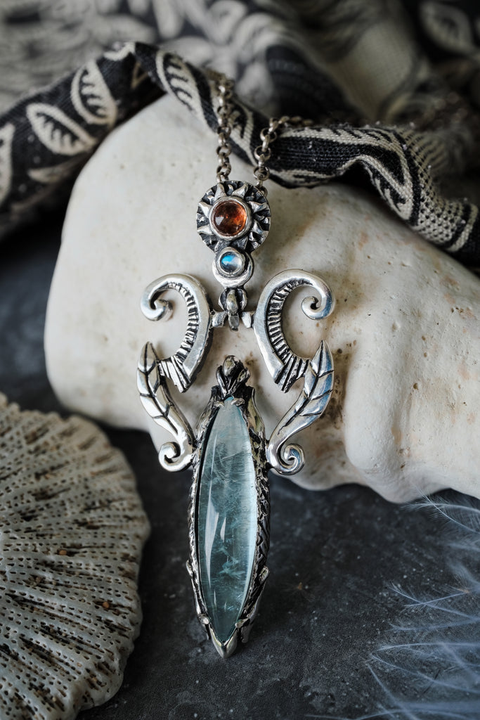 Aquamarine Necklace with Sun and Moon "Elaya"