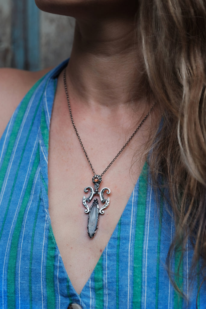 Aquamarine Necklace with Sun and Moon "Elaya"