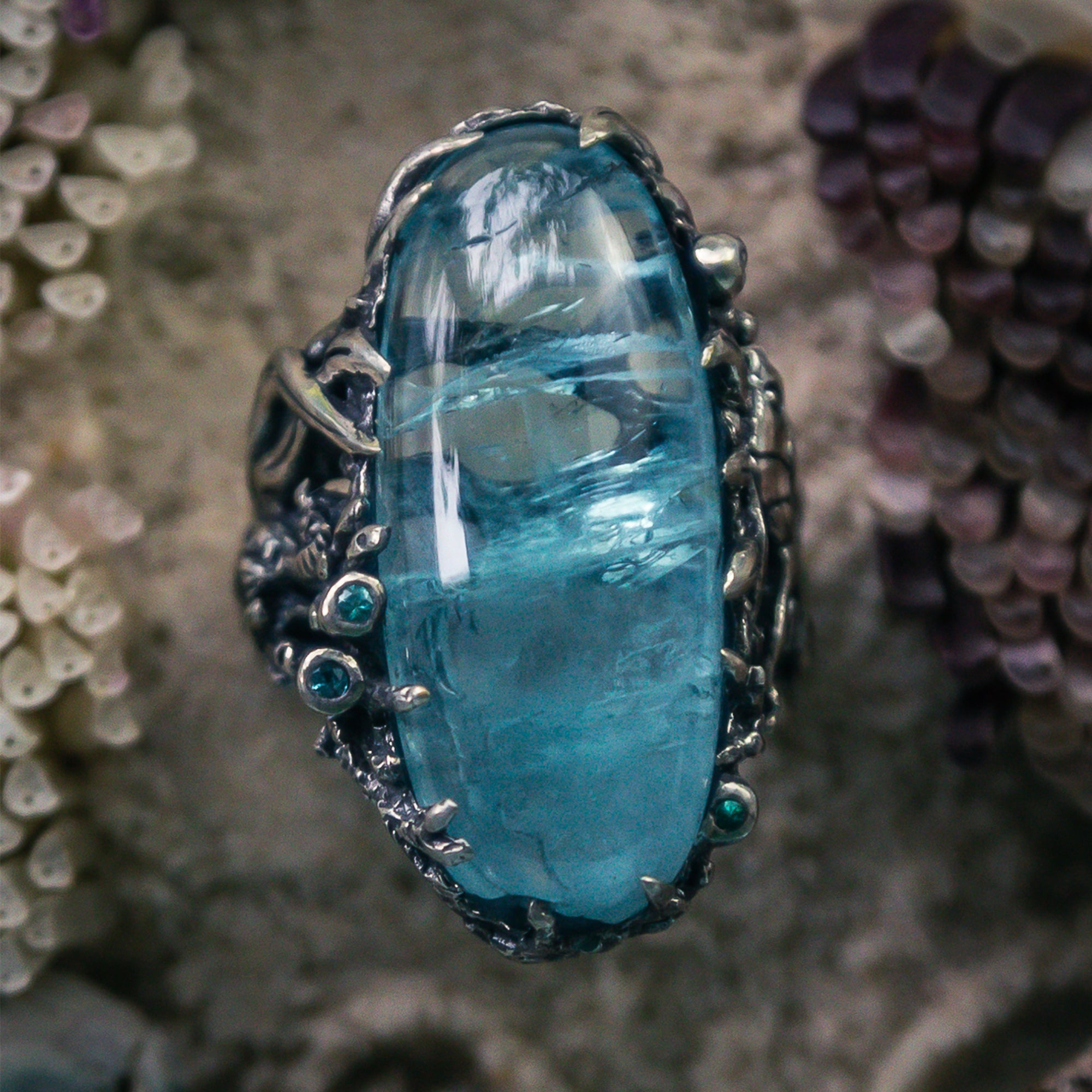 Sea-themed ring “Oceania” with large aquamarine | BlackTreeLab