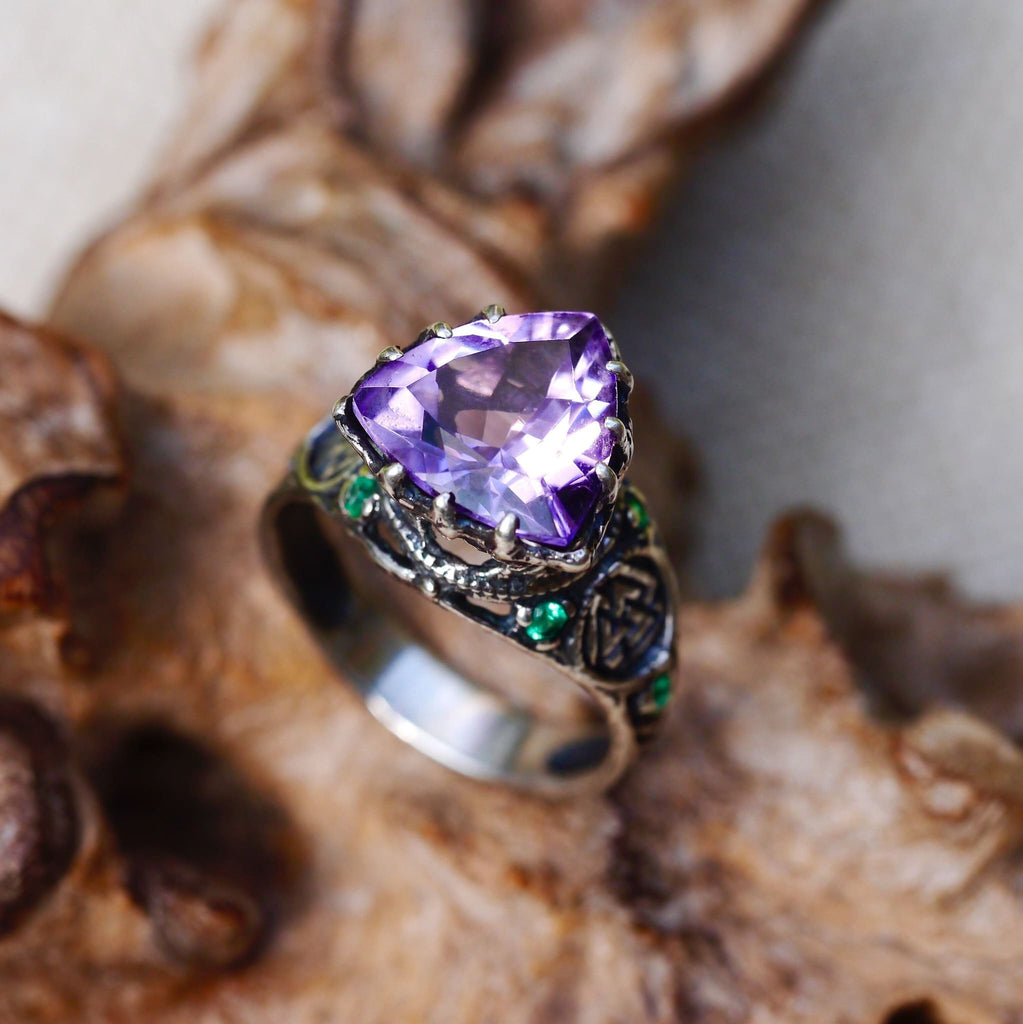 Sterling Silver Amethyst Ring with 6 Tsavorites "Portal"