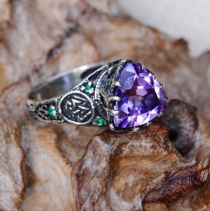 Sterling Silver Amethyst Ring with 6 Emeralds "Portal" - blacktreelab
