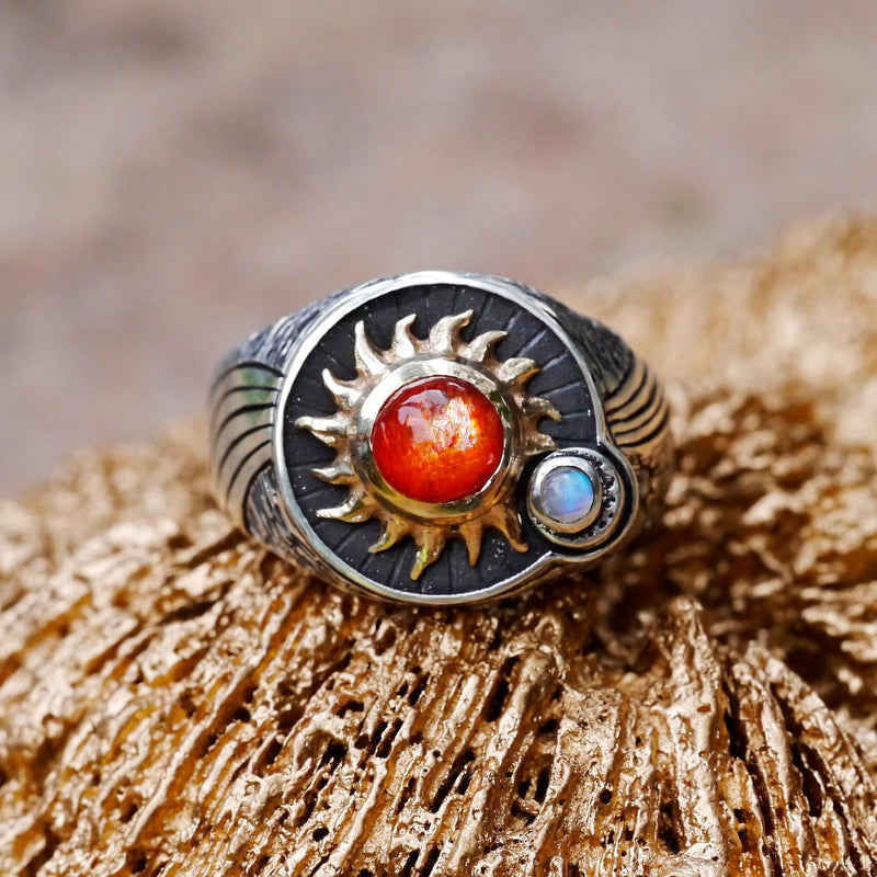 Sterling Silver and 14K Gold «Stargaze» ring with sunstone, moonstone and diamonds - blacktreelab