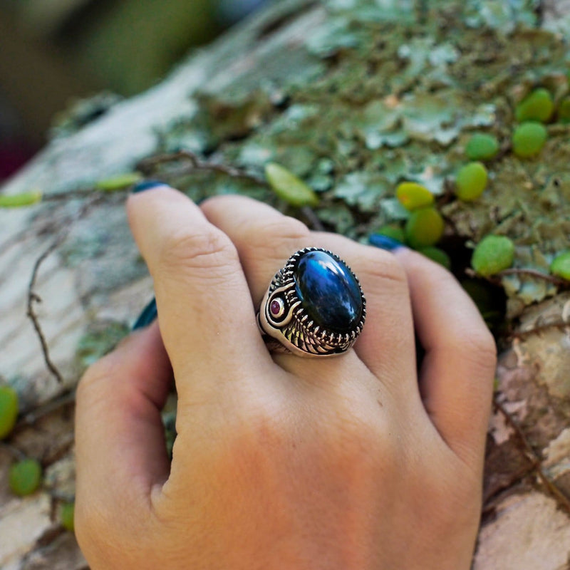 Sterling Silver Labradorite Ring with Garnet "Goddess Isis" - blacktreelab