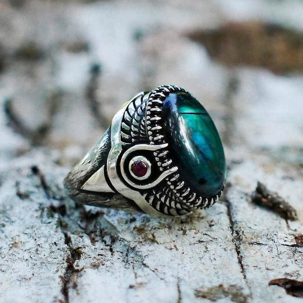 Sterling Silver Labradorite Ring with Garnet "Goddess Isis" - blacktreelab