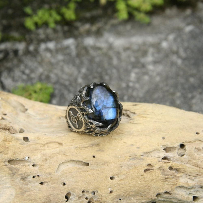Sterling Silver Mens Labradorite Ring "Thor's Hammer" - blacktreelab