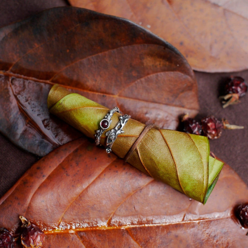 Sterling Silver Rings Set of 2 "Dew" with Garnet and "Mio" Rings - blacktreelab