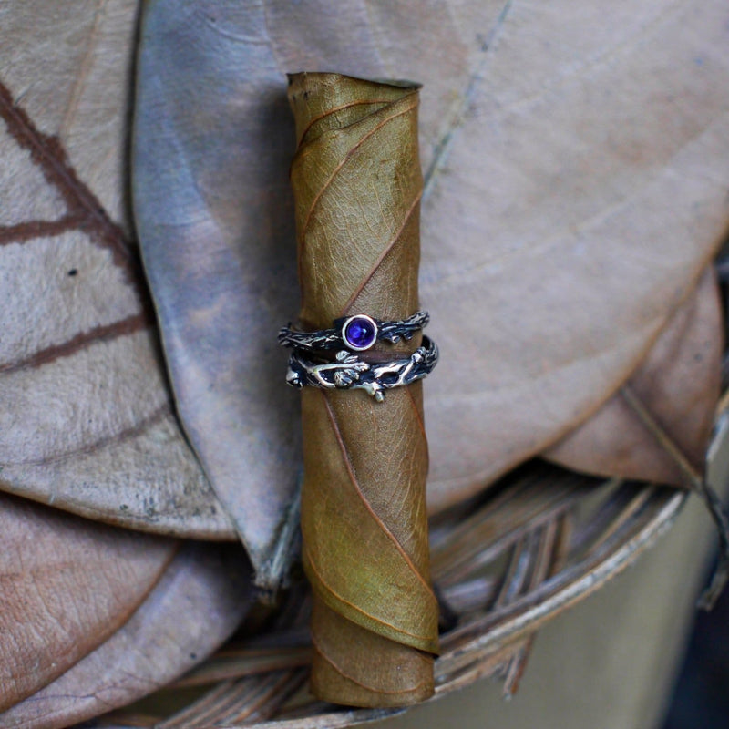 Sterling Silver Set of 2 Dew+Mio Rings with Amethyst - blacktreelab