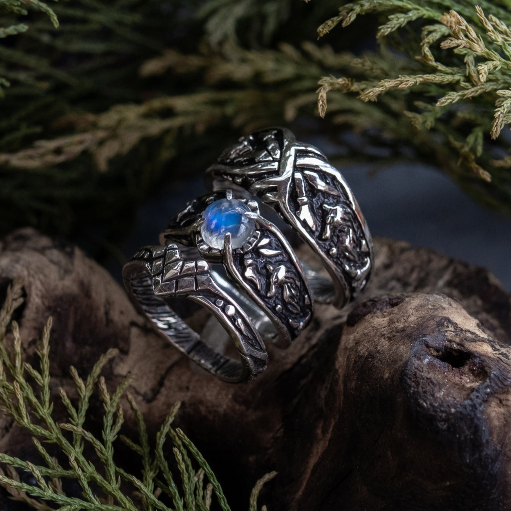 Moonstone Silver wedding rings for him and for her "Wolves"