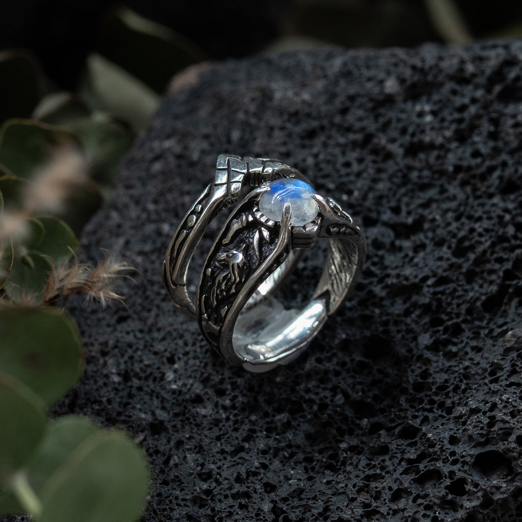 Moonstone Silver Engagement Ring Set "Wolves"