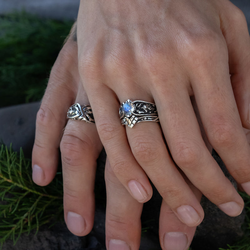 Set of 3 Silver wedding rings for him and for her "Wolves"