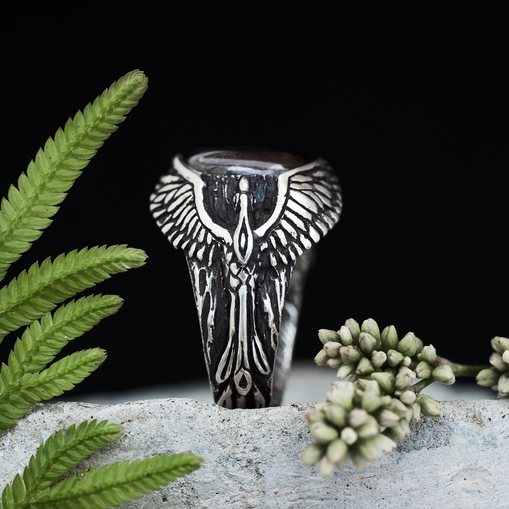 Phoenix Ammolite Ring – Symbolic Silver Statement Unisex