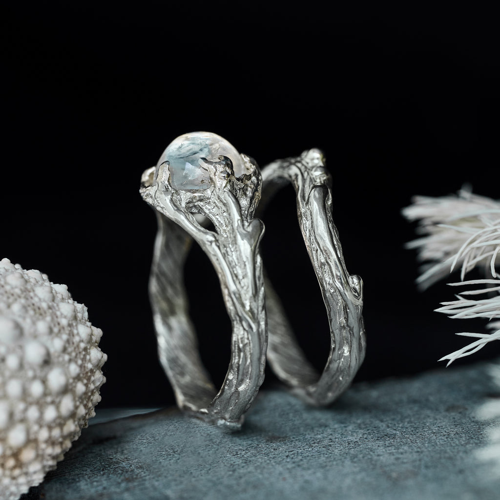 Moonstone ring set "Ariel" view from the side