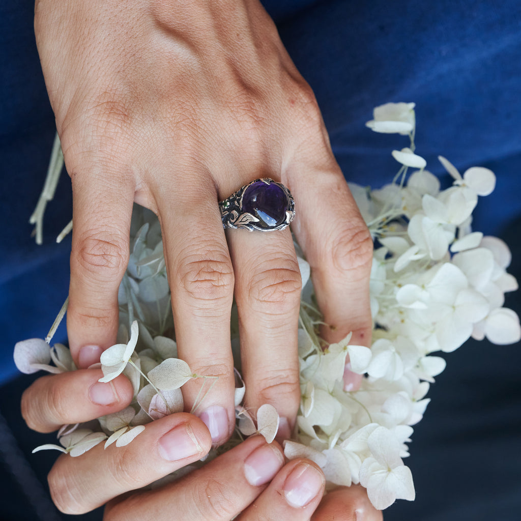 Amethyst ring "Maeve" by BlackTreeLab on hand