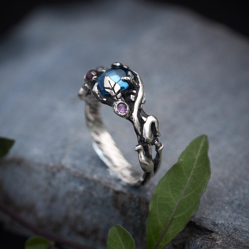 Swiss Blue Topaz ring with 3 gemstones