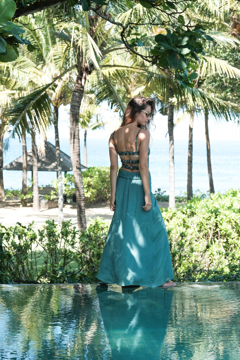 Silk Corset Crop Top in Dark Green with printed flowers