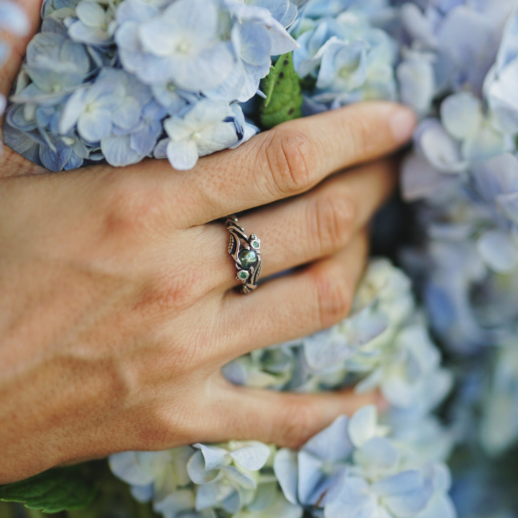 Green Pearl Ring Sterling Silver Naida