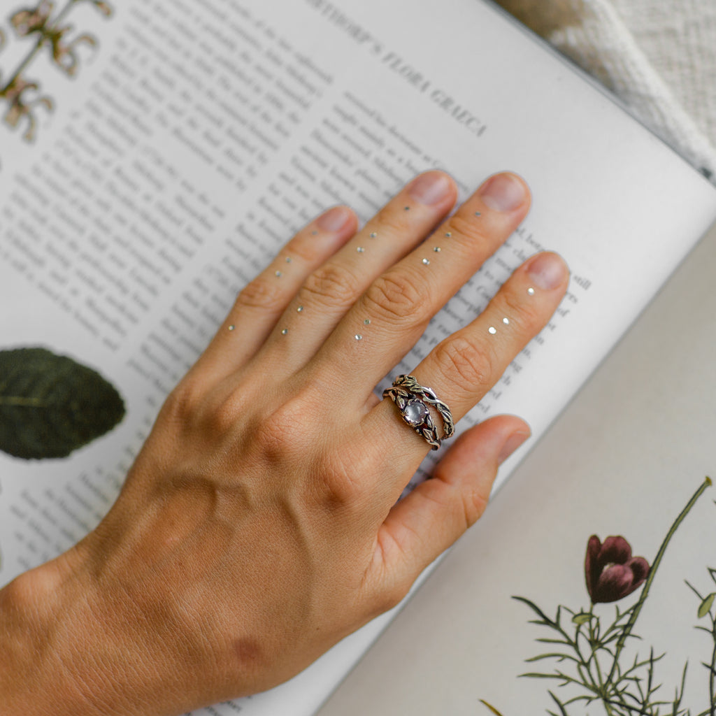 Women's wedding band "Louise" and Moonstone engagement ring "Louise" on hand