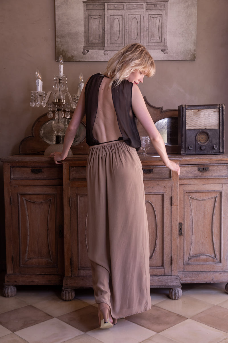 Long Thigh Split Silk Skirt "Teya" in Cappuccino backside