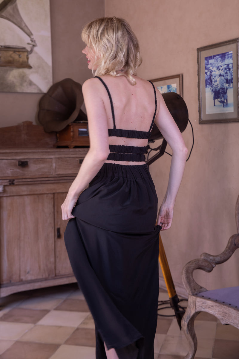 Long Thigh Split Silk Skirt "Teya" in Classic Black backside