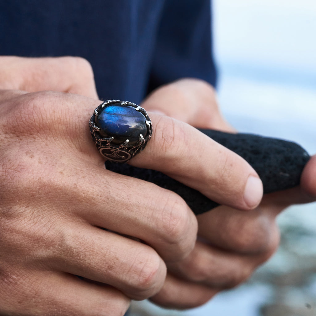 Labradorite ring for men "Thor's hammer"