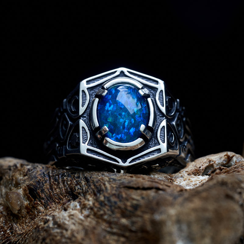 Mens ring with snakes and Boulder fire opal “Shamania”