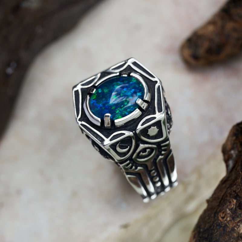 Mens ring with snakes and Boulder fire opal “Shamania”