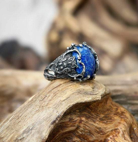 Sterling Silver Lapis Lazuli Owl ring - Sacred jewelry