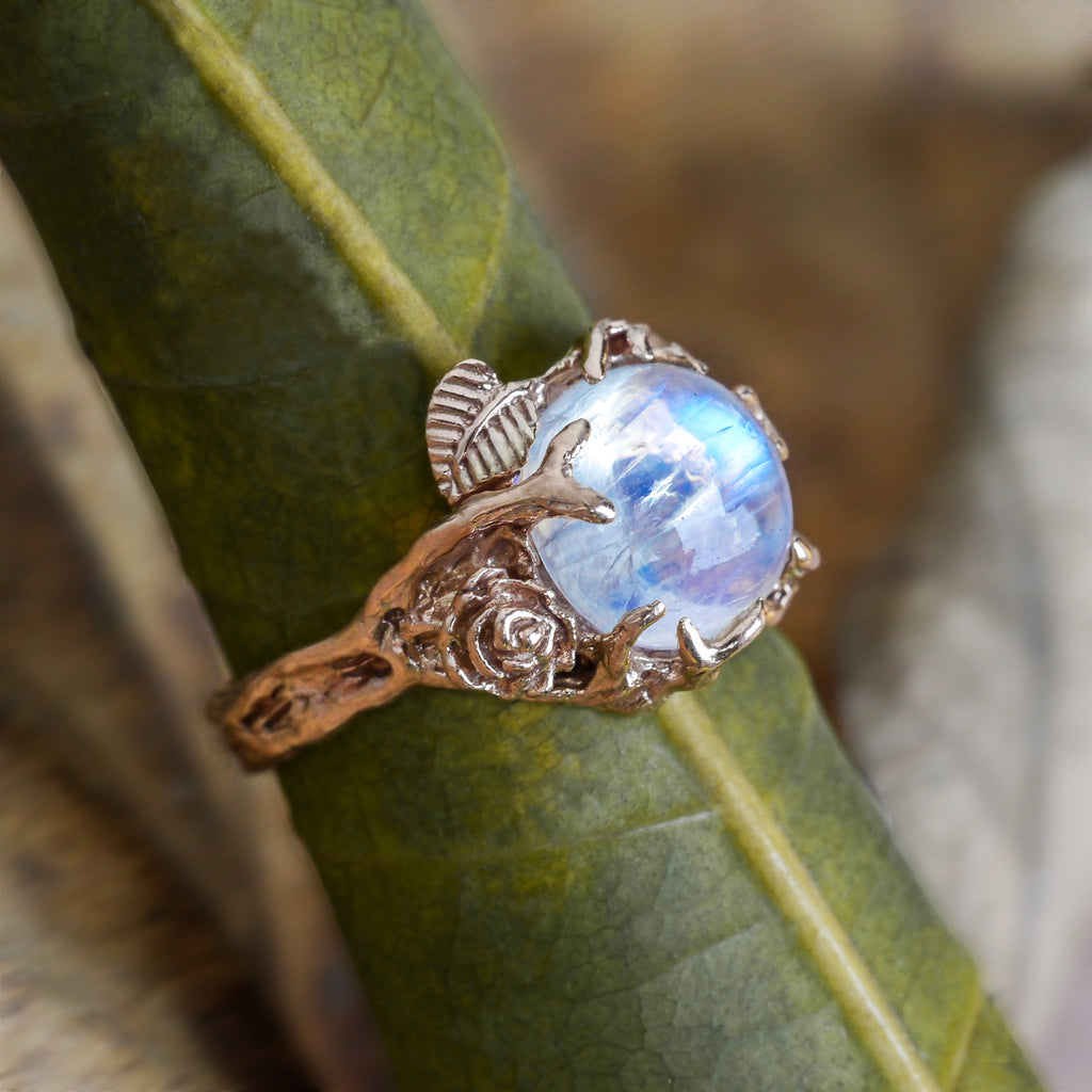 Rainbow Moonstone 14 Gold Engagement Ring "Cleo" - blacktreelab