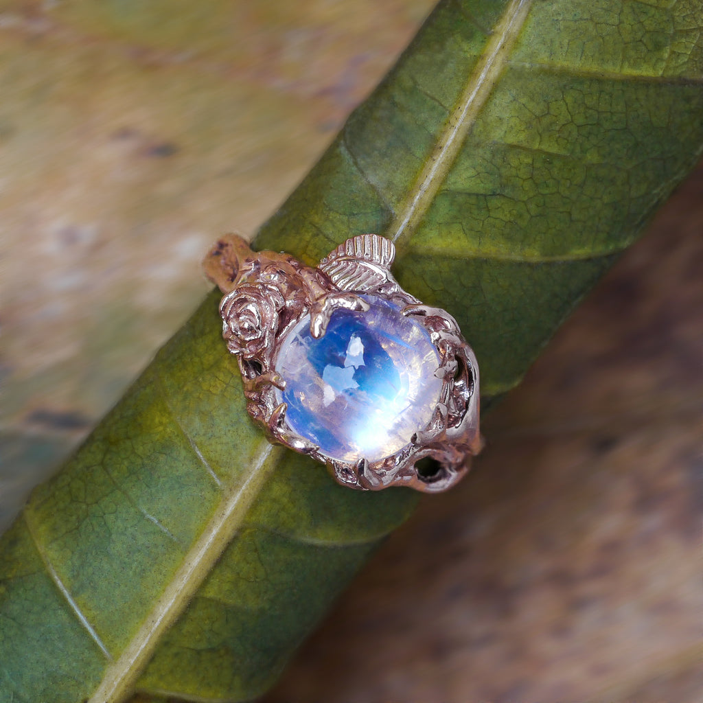 Rainbow Moonstone 14 Gold Engagement Ring "Cleo" - blacktreelab