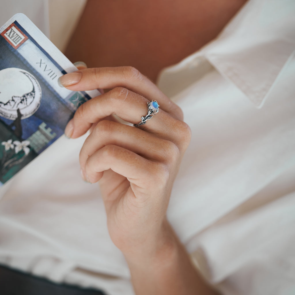 Moonstone Silver ring with Gold Rose
