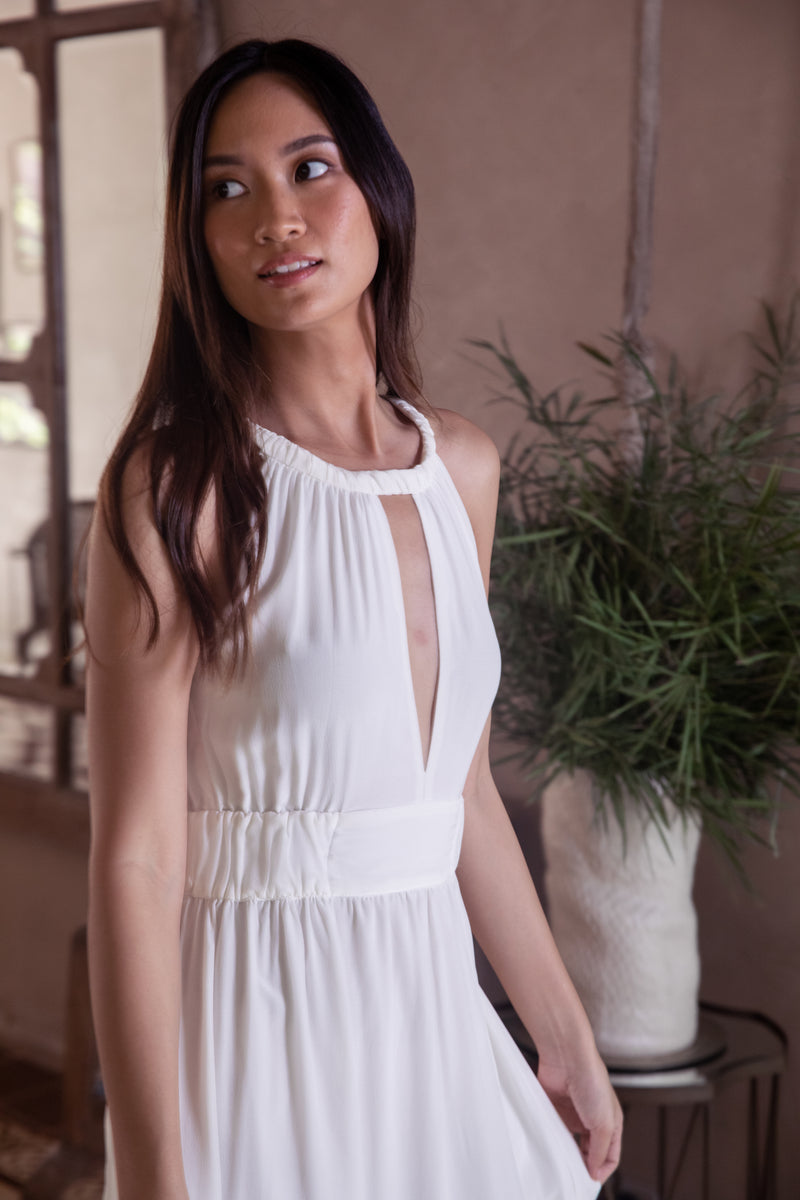 Silk Split front dress in Off-White
