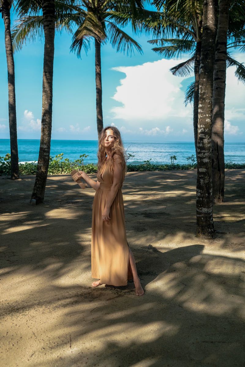 Pure Silk Split Front Dress in Burnt Sand by BlacTreeLabel