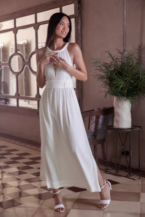 Silk Split front dress in Off-White