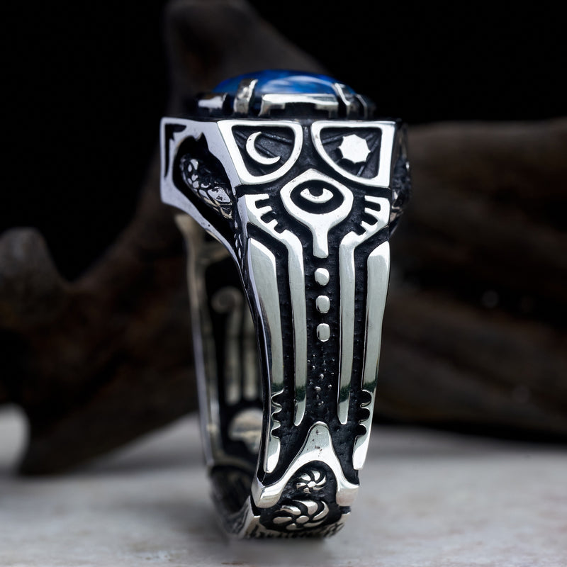 Mens ring with snakes and Boulder fire opal “Shamania”