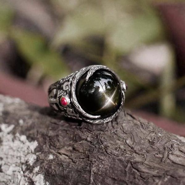 "Aurora" Sterling Silver Indian Black Star Diopside Ring with Garnet - blacktreelab