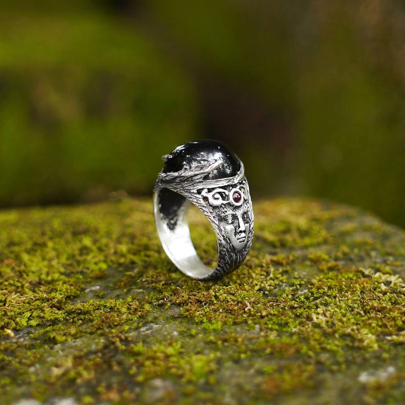 "Aurora" Sterling Silver Indian Black Star Diopside Ring with Garnet - blacktreelab