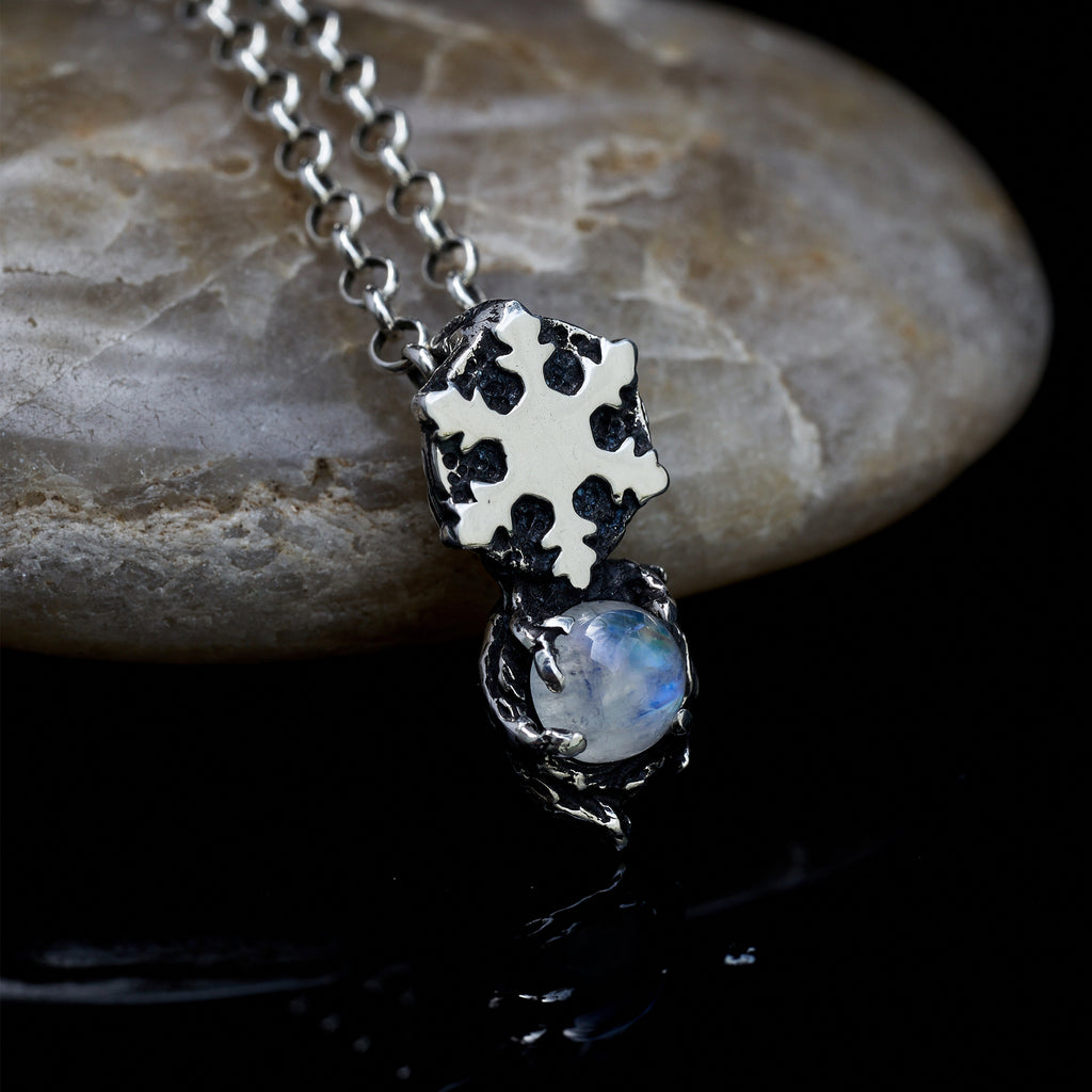 Set of 2 Moonstone Pendants Blackened And Non-Blackened "Snowflake"-