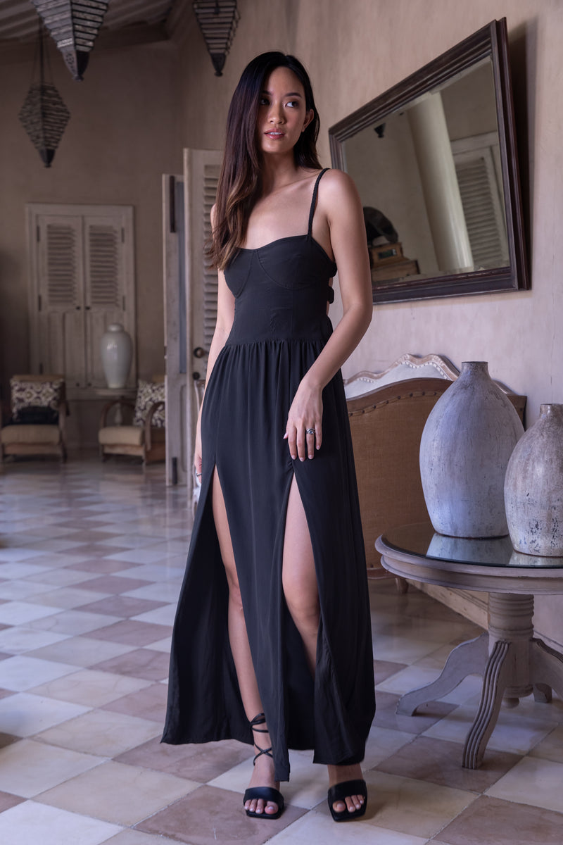 corset dress silk in black color night dress