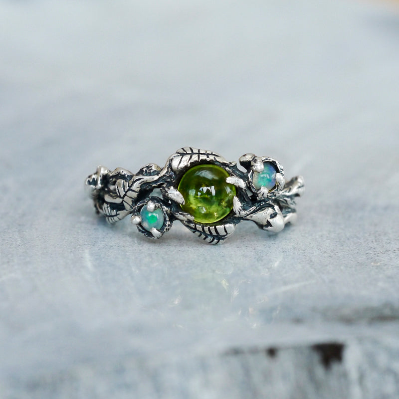 Opal and Peridot Engagement Silver Ring
