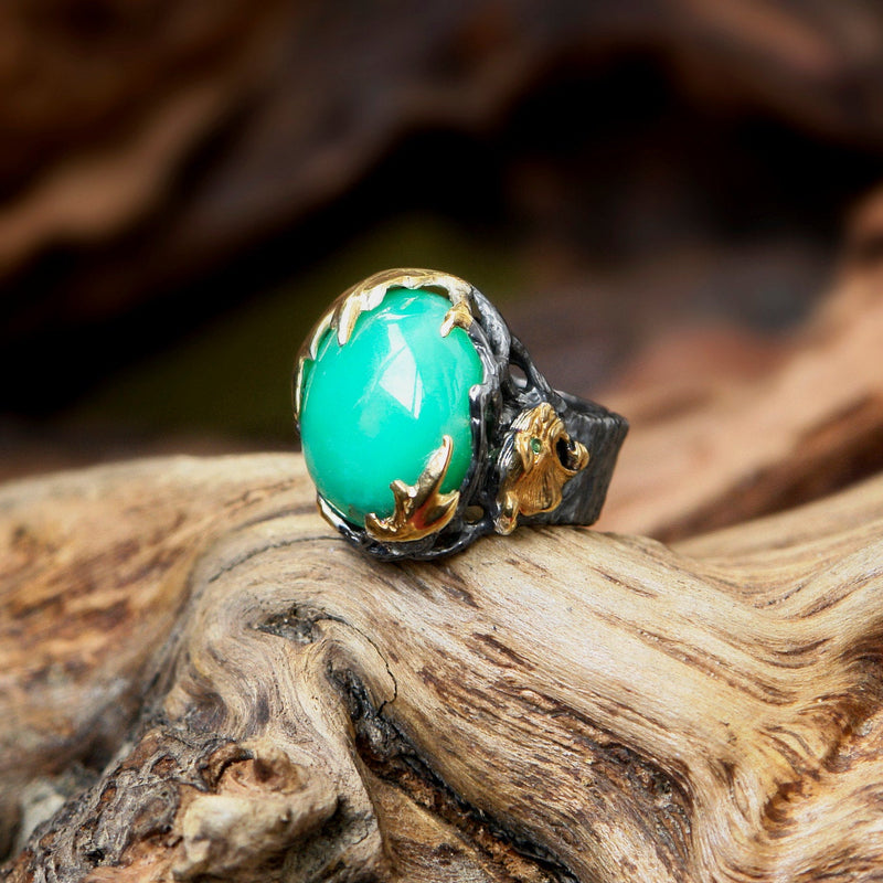 Chrysoprase ring wit Emeralds "Myanma" and jaguar 