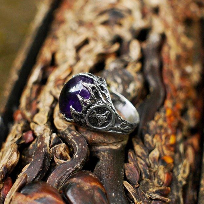 Mens Sterling Silver Amethyst Ring "Thor's Hammer" - blacktreelab