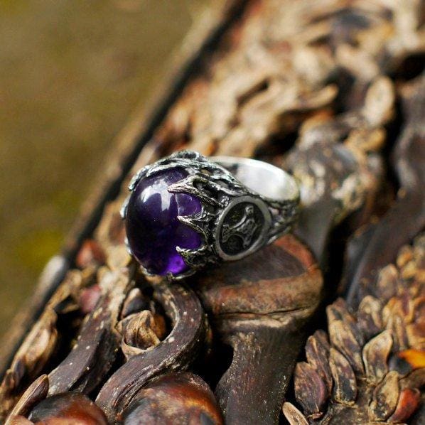 Mens Sterling Silver Amethyst Ring "Thor's Hammer" - blacktreelab