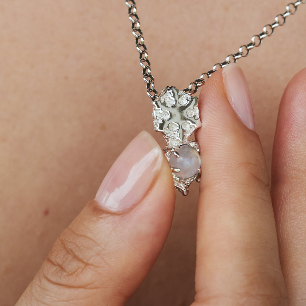 Set of 2 Moonstone Pendants Blackened And Non-Blackened "Snowflake"-